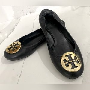 Tory Burch Minnie Travel Ballet Flats Black Leather Gold Double T Logo size 6